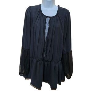 Black Peplum Blouse With Sheer Sleeves & Frayed Hemline whimsigoth grunge biker